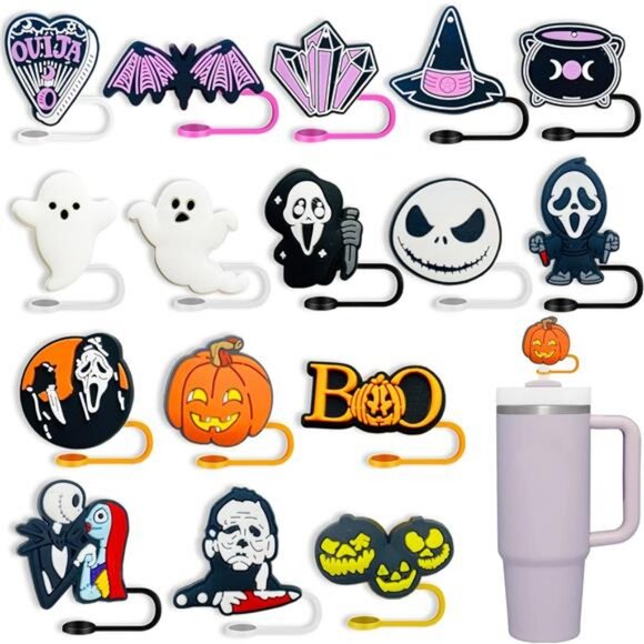 16PCS Halloween Straw Toppers for Stanley Cups, Cute Silicone Straw Cover Cap - Picture 1 of 8
